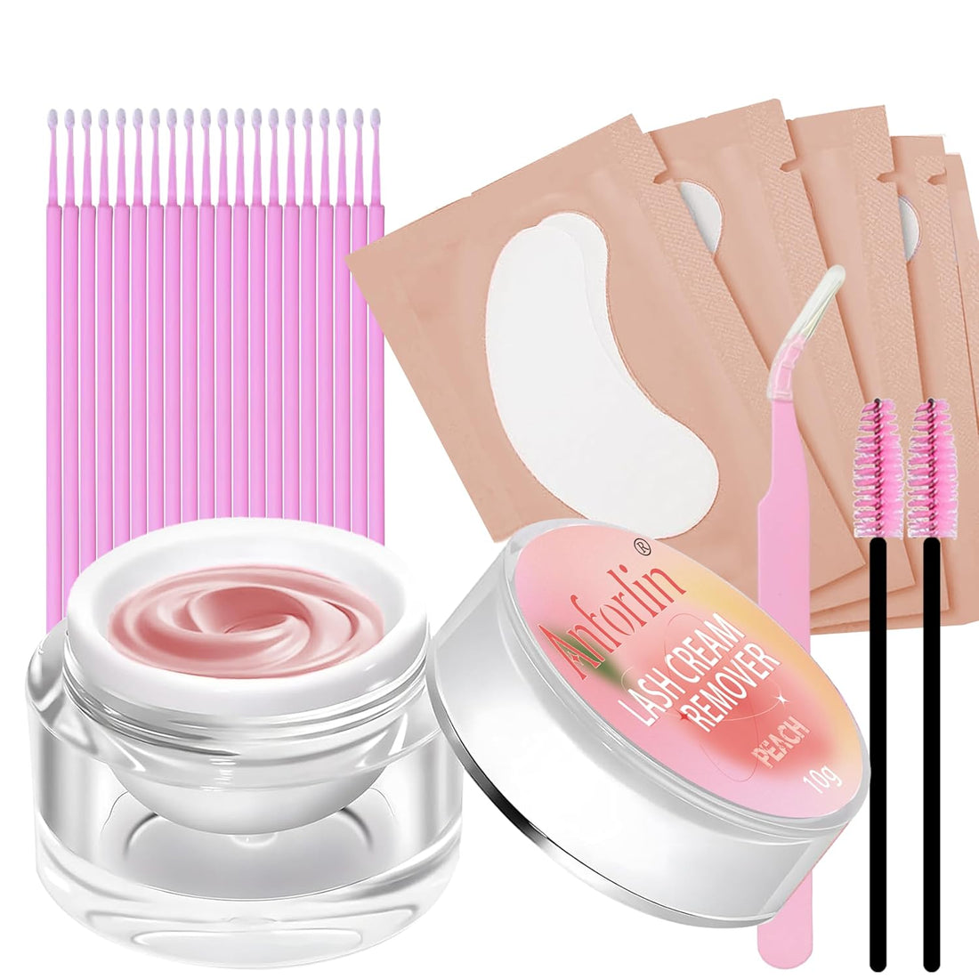 Lash Remover for Lash Extensions Kit 10G, Peach Scent Eyelash Extension Remover with Eye Pads Micro Brushes Mascara Brushes and Tweezers Professional Use Only Quick Dissolves Lash Remover by