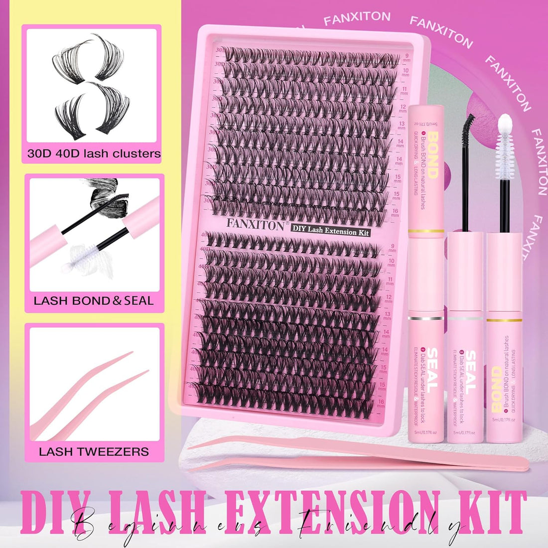 Natural Lash Cluster Kit Thick Eye Lash Clusters Natural Look 30D+40D D 8-16Mm Lash Extension Kit Wispy Eyelash Clusters Volume Individual Lashes with Lash Bond and Seal and Tweezers